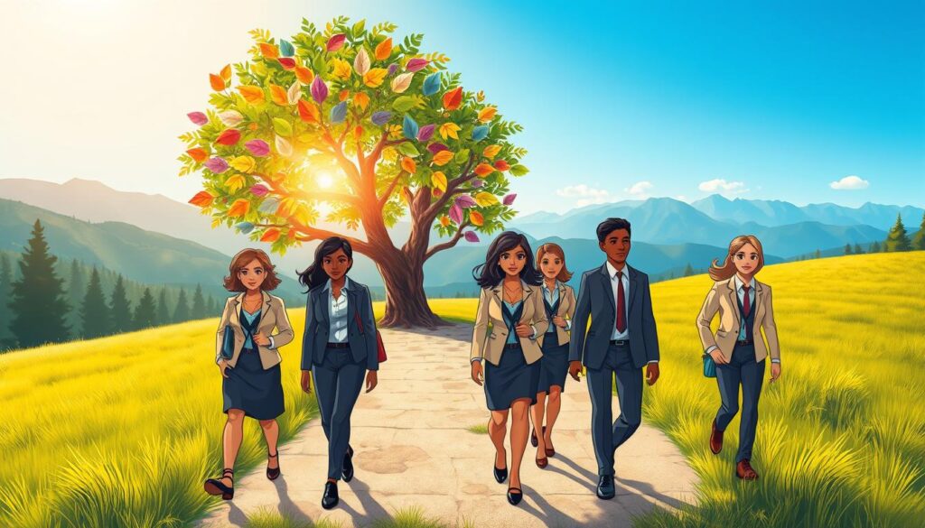 A serene landscape depicting a path of emotional growth, where a diverse group of people in professional business attire walks together. In the foreground, individuals showcase expressions of determination and support, symbolizing teamwork and encouragement. The middle ground features a vibrant tree with colorful leaves representing various emotions, surrounded by light filtering through, casting warm glows. The background reveals distant mountains under a bright blue sky, symbolizing challenges and aspirations. The overall mood is uplifting and inspiring, highlighting the journey of emotional growth. Use soft, natural lighting to enhance the image’s positive atmosphere. Shot with a wide-angle lens to capture depth, inviting viewers to feel a connection. Include the brand name "nextself.ai" subtly integrated into the scene.